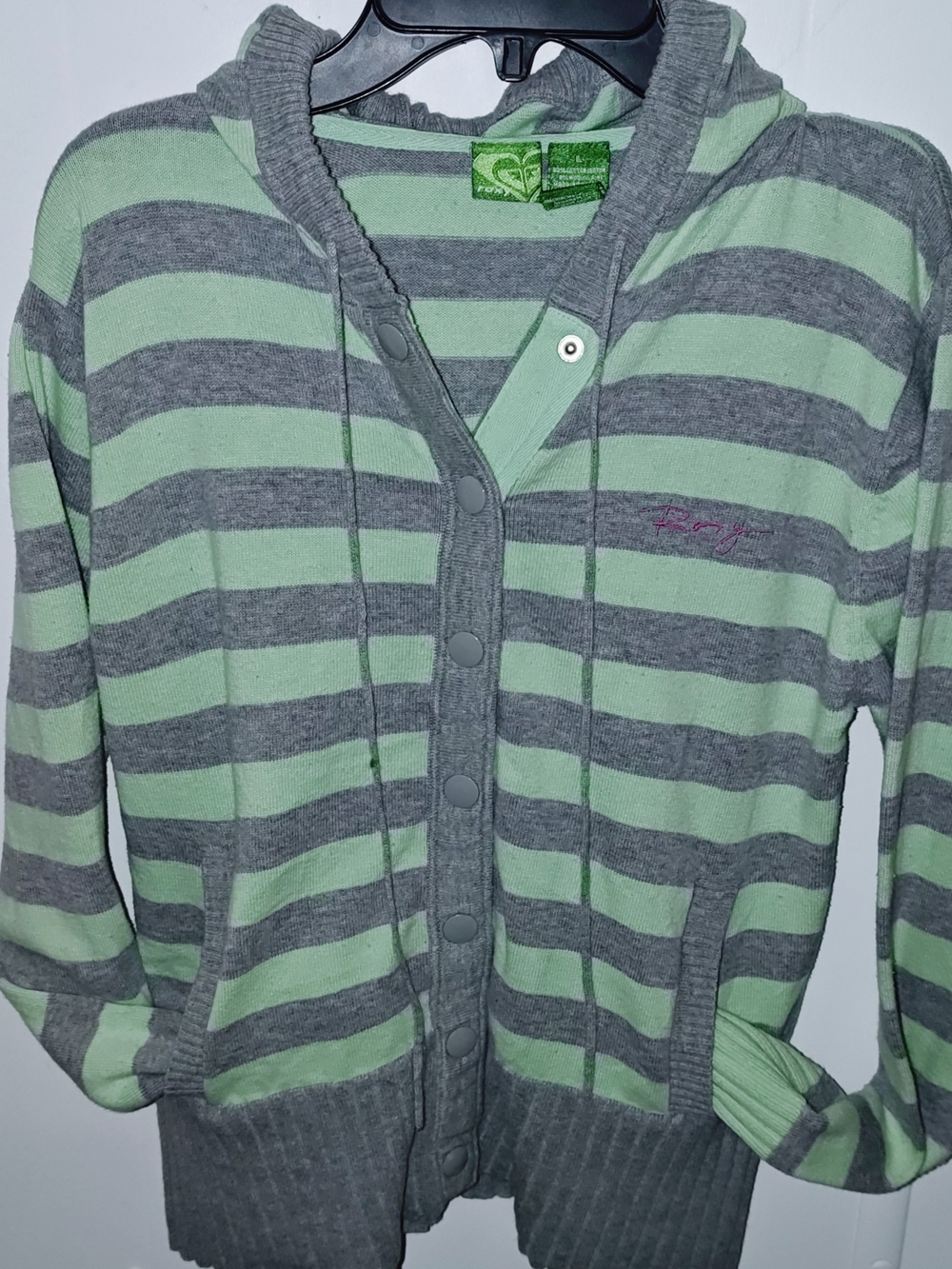 Roxy Women’s Mint Green & Gray Striped Hooded Sweater Y2K